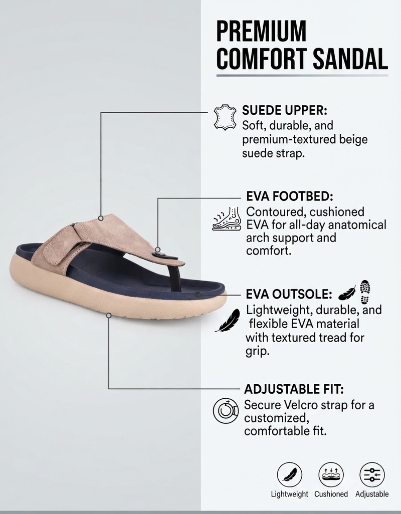 Varello Beige T-Strap Slippers for Men - Adjustable Comfort Slippers for Casual & Everyday Wear