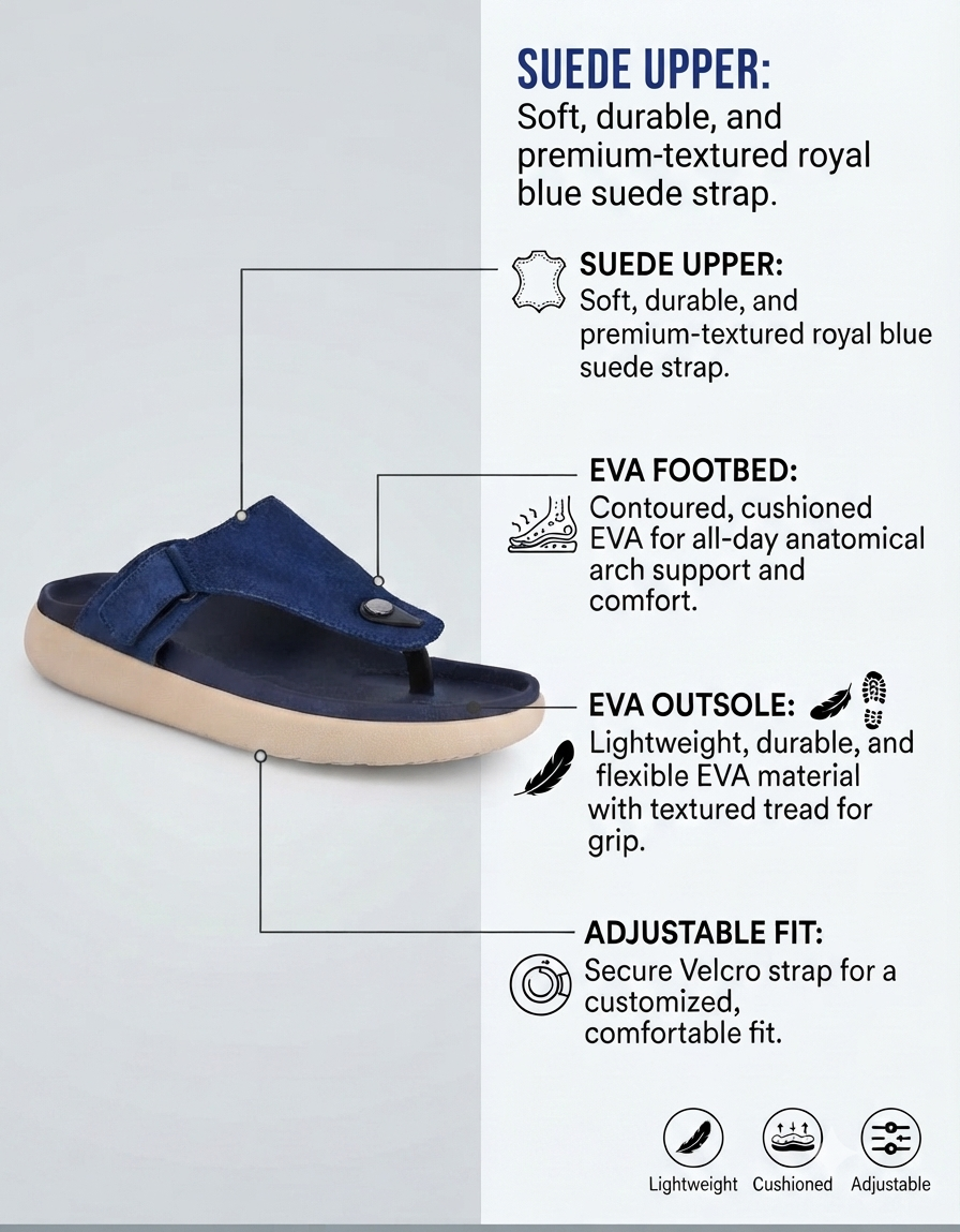 Varello Blue T-Strap Slippers for Men - Adjustable Comfort Slippers for Casual &amp; Everyday Wear