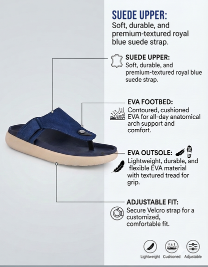 Varello Blue T-Strap Slippers for Men - Adjustable Comfort Slippers for Casual &amp; Everyday Wear