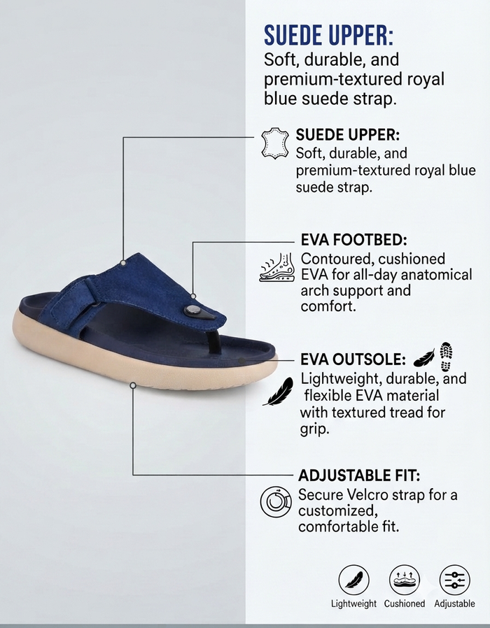 Varello Blue T-Strap Slippers for Men - Adjustable Comfort Slippers for Casual & Everyday Wear