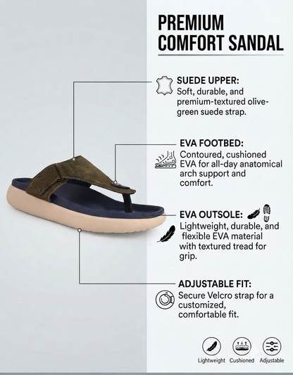 Varello Olive T-Strap Slippers for Men - Adjustable Comfort Slippers for Casual &amp; Everyday Wear