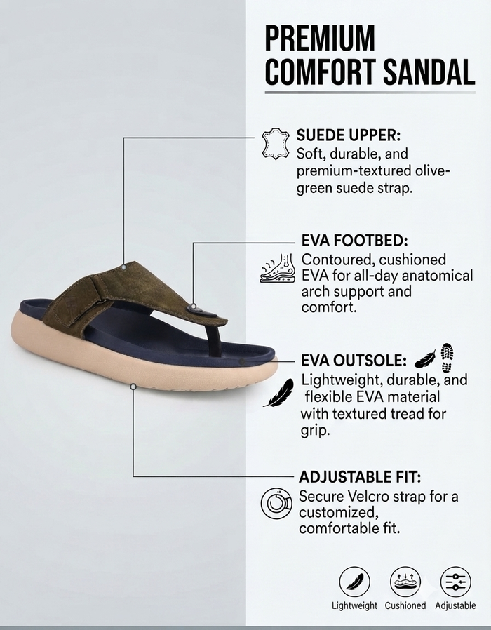 Varello Olive T-Strap Slippers for Men - Adjustable Comfort Slippers for Casual & Everyday Wear