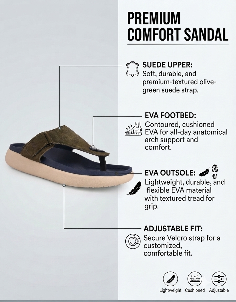 Varello Olive T-Strap Slippers for Men - Adjustable Comfort Slippers for Casual & Everyday Wear
