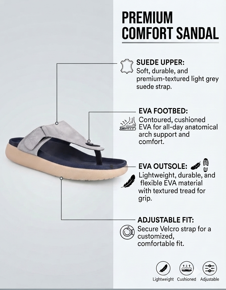 Varello Grey T-Strap Slippers for Men - Adjustable Comfort Slippers for Casual &amp; Everyday Wear