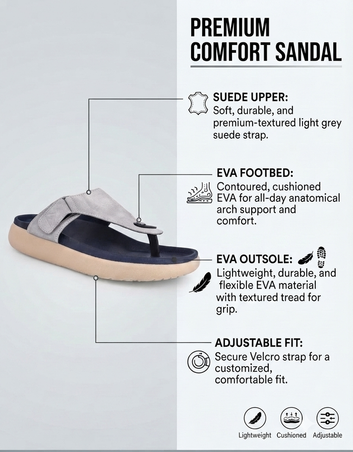 Varello Grey T-Strap Slippers for Men - Adjustable Comfort Slippers for Casual & Everyday Wear