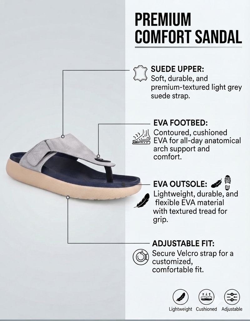 Varello Grey T-Strap Slippers for Men - Adjustable Comfort Slippers for Casual & Everyday Wear