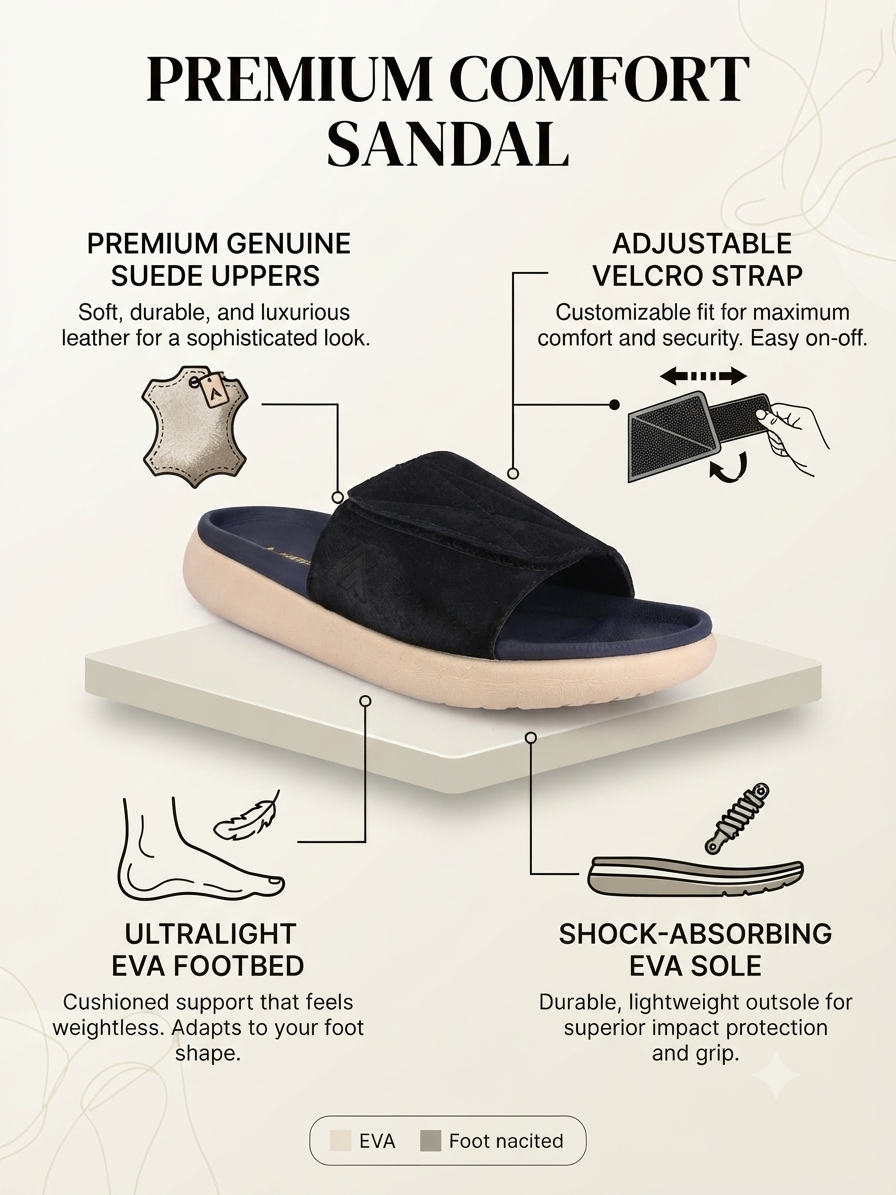 Savio Black Comfort Slides for Men - Adjustable Velcro Strap Slippers for Casual &amp; Everyday Wear