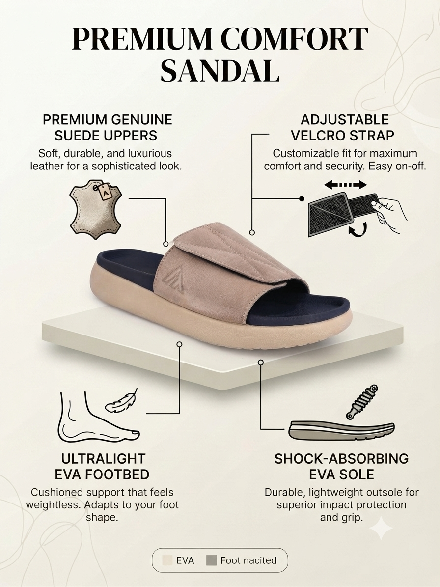 Savio Beige Comfort Slides for Men - Adjustable Velcro Strap Slippers for Casual &amp; Everyday Wear