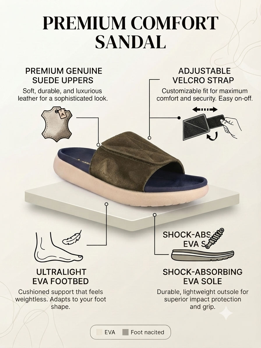 Savio Olive Comfort Slides for Men - Adjustable Velcro Strap Slippers for Casual &amp; Everyday Wear