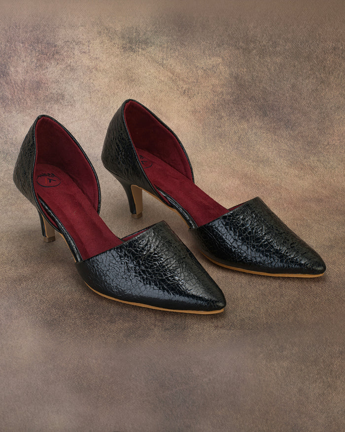 Calyra Black Cracked Metallic D'Orsay Kitten Heels for Women
