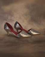 Calyra Grey Cracked Metallic D'Orsay Kitten Heels for Women