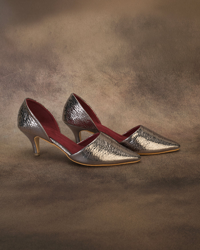 Calyra Grey Cracked Metallic D'Orsay Kitten Heels for Women