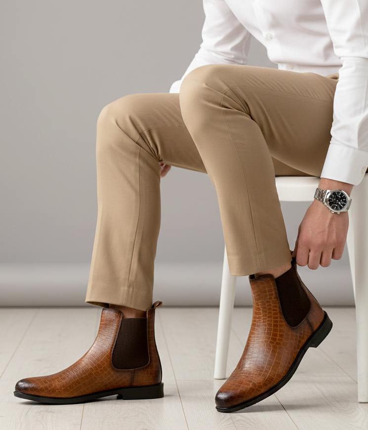 Luxurious Tan Croco Leather Chelsea Boots for Men