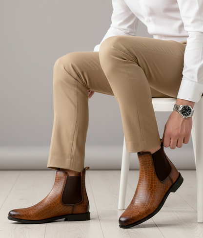 Luxurious Tan Croco Leather Chelsea Boots for Men