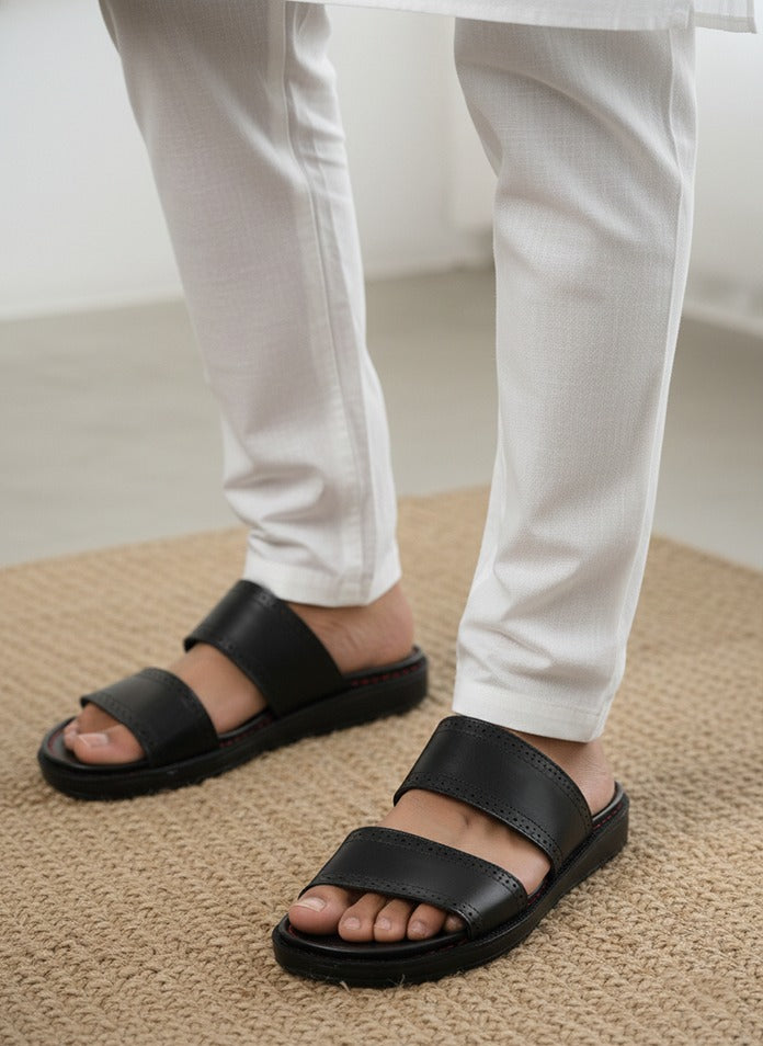 Alberto Torresi PVC Printed Branding Textured Black Leather Men Slippers
