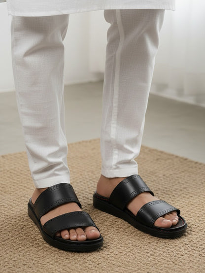 Alberto Torresi PVC Printed Branding Textured Black Leather Men Slippers