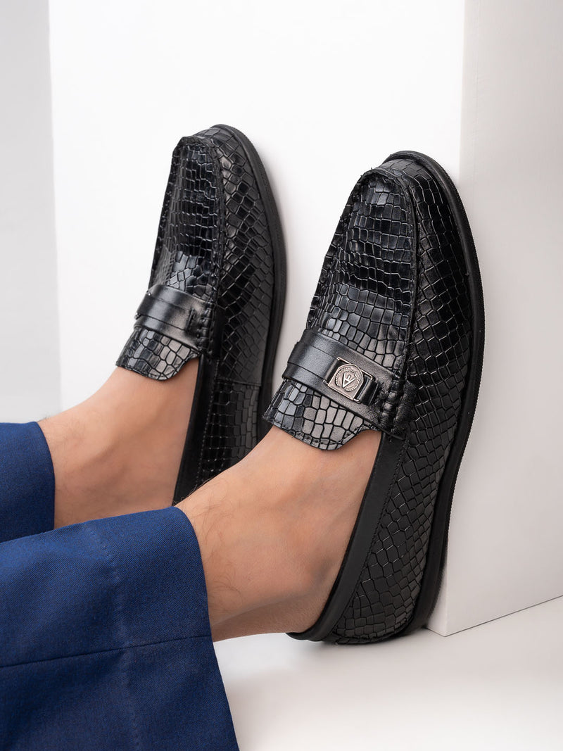 Drago Black Genuine Leather Croco Penny Loafers for Men - Slip-on Shoes for Casual & Everyday Wear