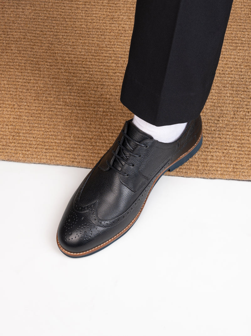 Duca Black Milled Leather Brogue Shoes for Men - Formal Lace-up Shoes for Office & Party Wear