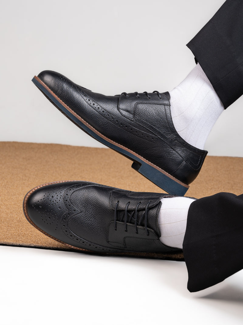 Duca Black Milled Leather Brogue Shoes for Men - Formal Lace-up Shoes for Office & Party Wear