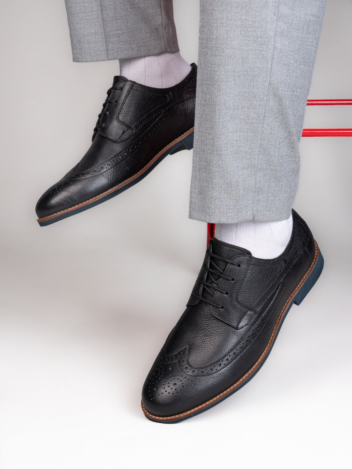 Duca Black Milled Leather Brogue Shoes for Men - Formal Lace-up Shoes for Office & Party Wear