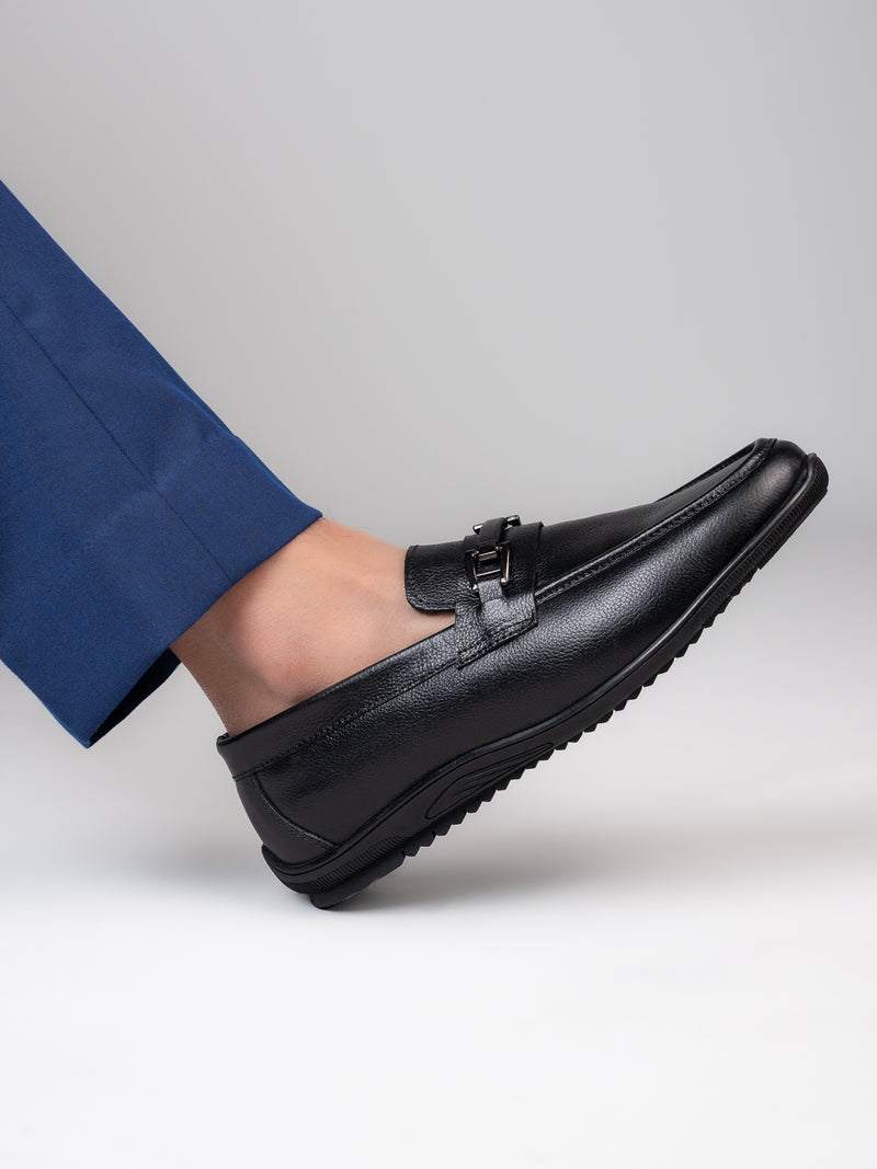 Sereno Black Genuine Leather Loafers for Men - Slip-On Shoes for Office & Everyday Wear