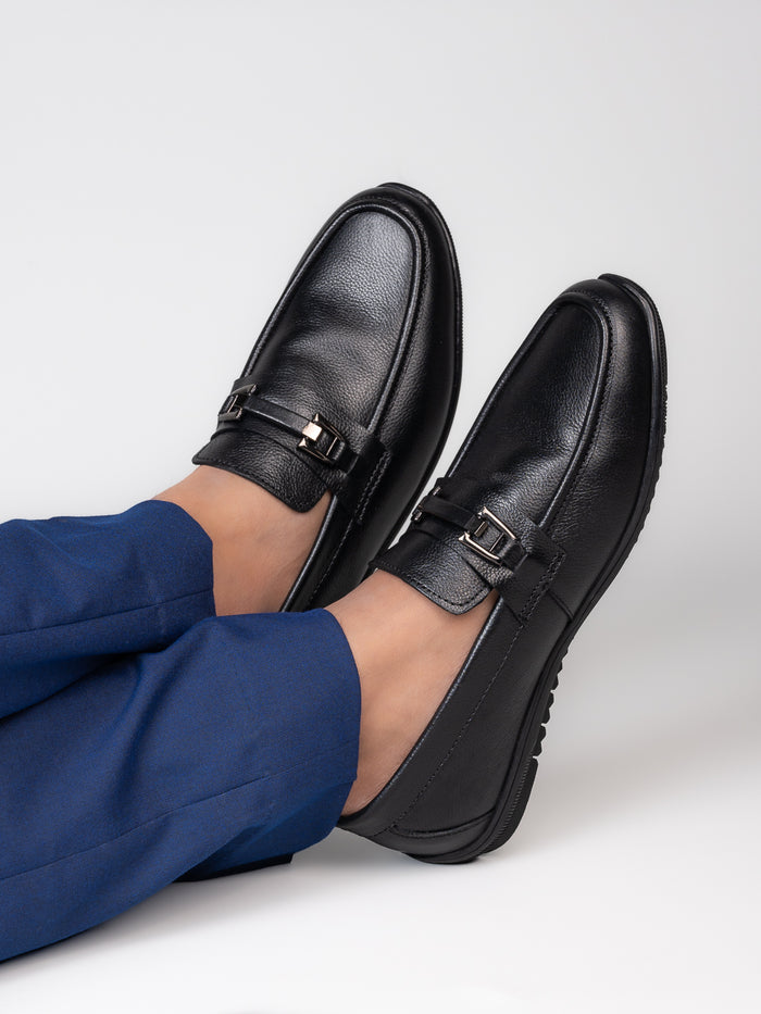 Sereno Black Genuine Leather Loafers for Men - Slip-On Shoes for Office & Everyday Wear