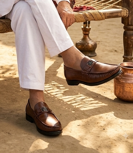 Men Smooth Tan Finish Faux Leather Slip-On Loafers with Metallic Crest Detail