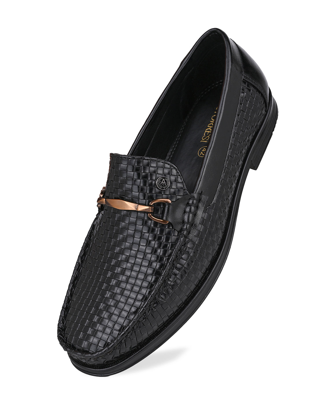 Woven Pattern Black Faux Leather Slip-On Loafers with Metallic Trim