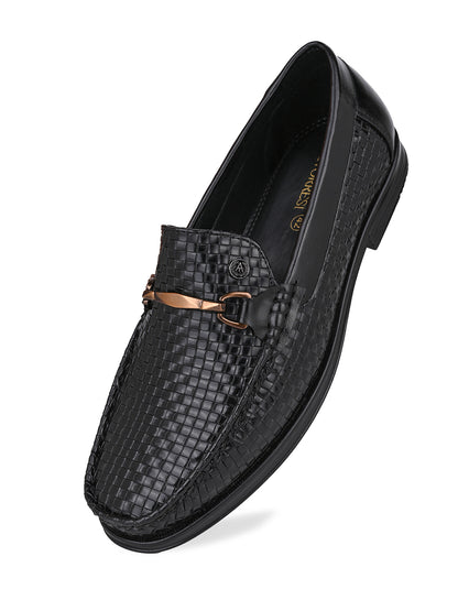 Woven Pattern Black Faux Leather Slip-On Loafers with Metallic Trim