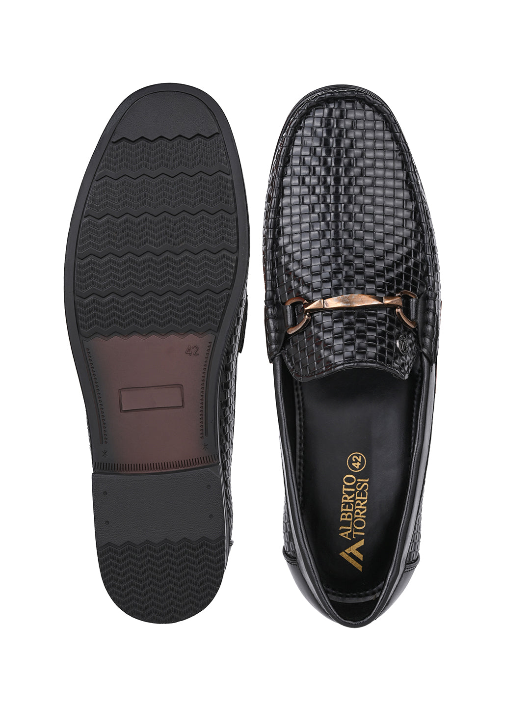 Woven Pattern Black Faux Leather Slip-On Loafers with Metallic Trim
