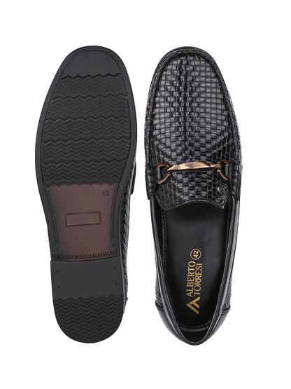 Woven Pattern Black Faux Leather Slip-On Loafers with Metallic Trim
