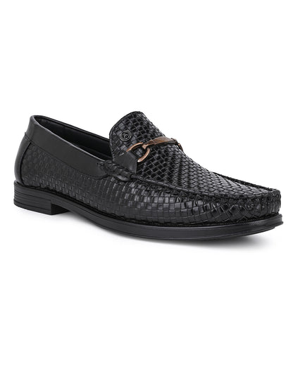 Woven Pattern Black Faux Leather Slip-On Loafers with Metallic Trim