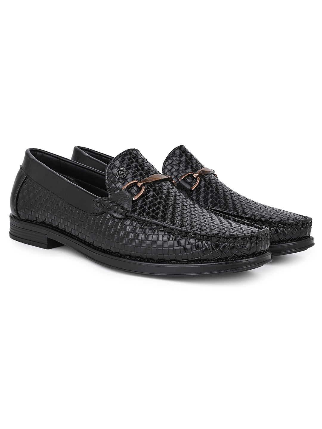 Woven Pattern Black Faux Leather Slip-On Loafers with Metallic Trim