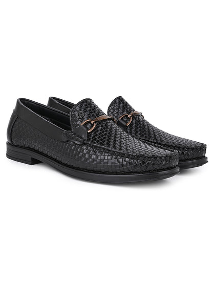 Woven Pattern Black Faux Leather Slip-On Loafers with Metallic Trim