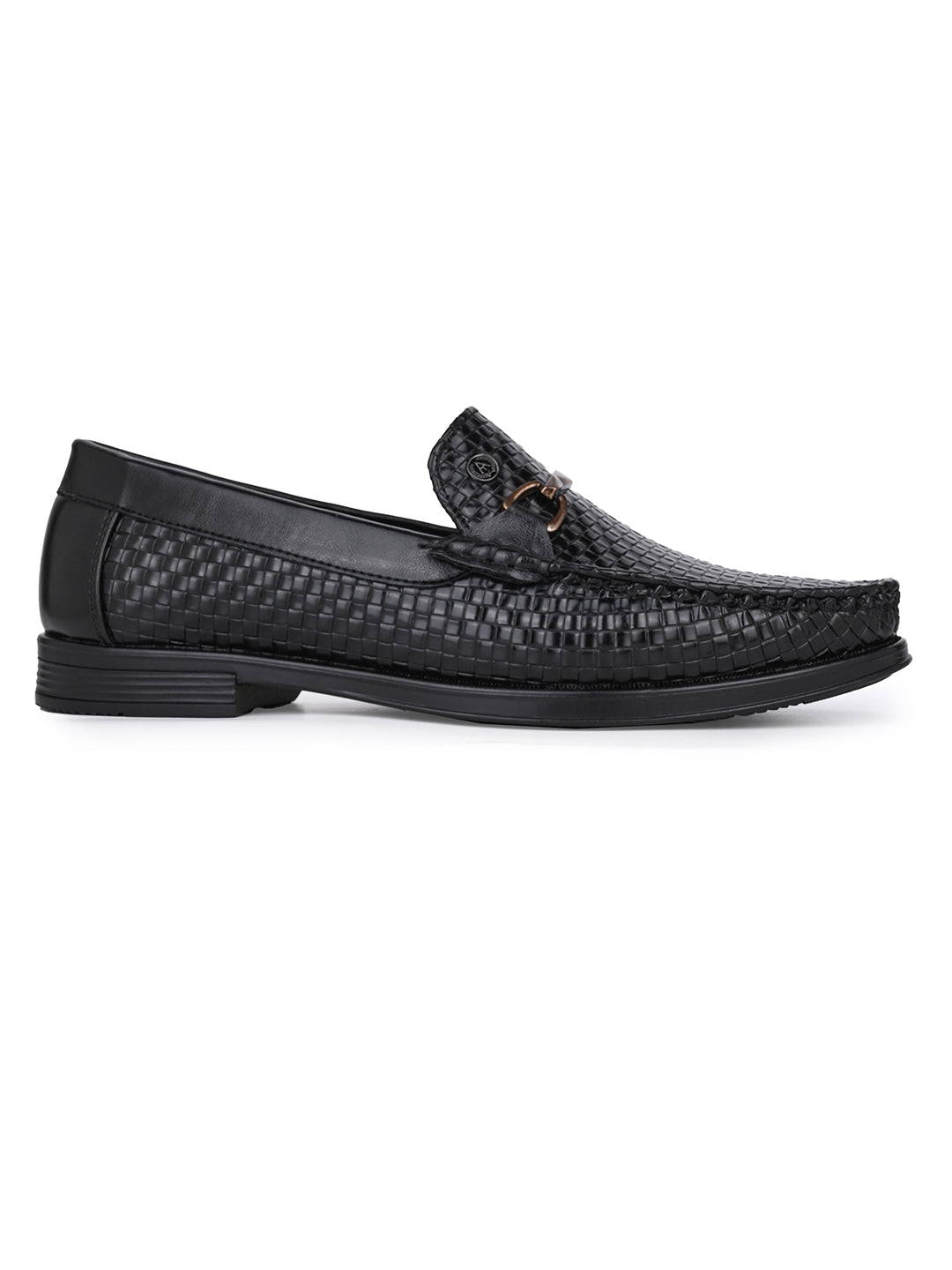 Woven Pattern Black Faux Leather Slip-On Loafers with Metallic Trim