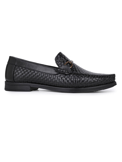 Woven Pattern Black Faux Leather Slip-On Loafers with Metallic Trim