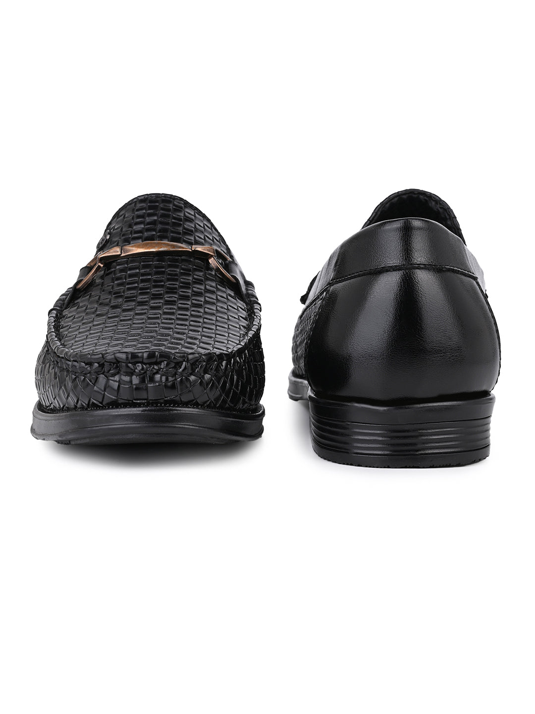 Woven Pattern Black Faux Leather Slip-On Loafers with Metallic Trim