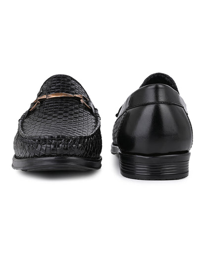 Woven Pattern Black Faux Leather Slip-On Loafers with Metallic Trim