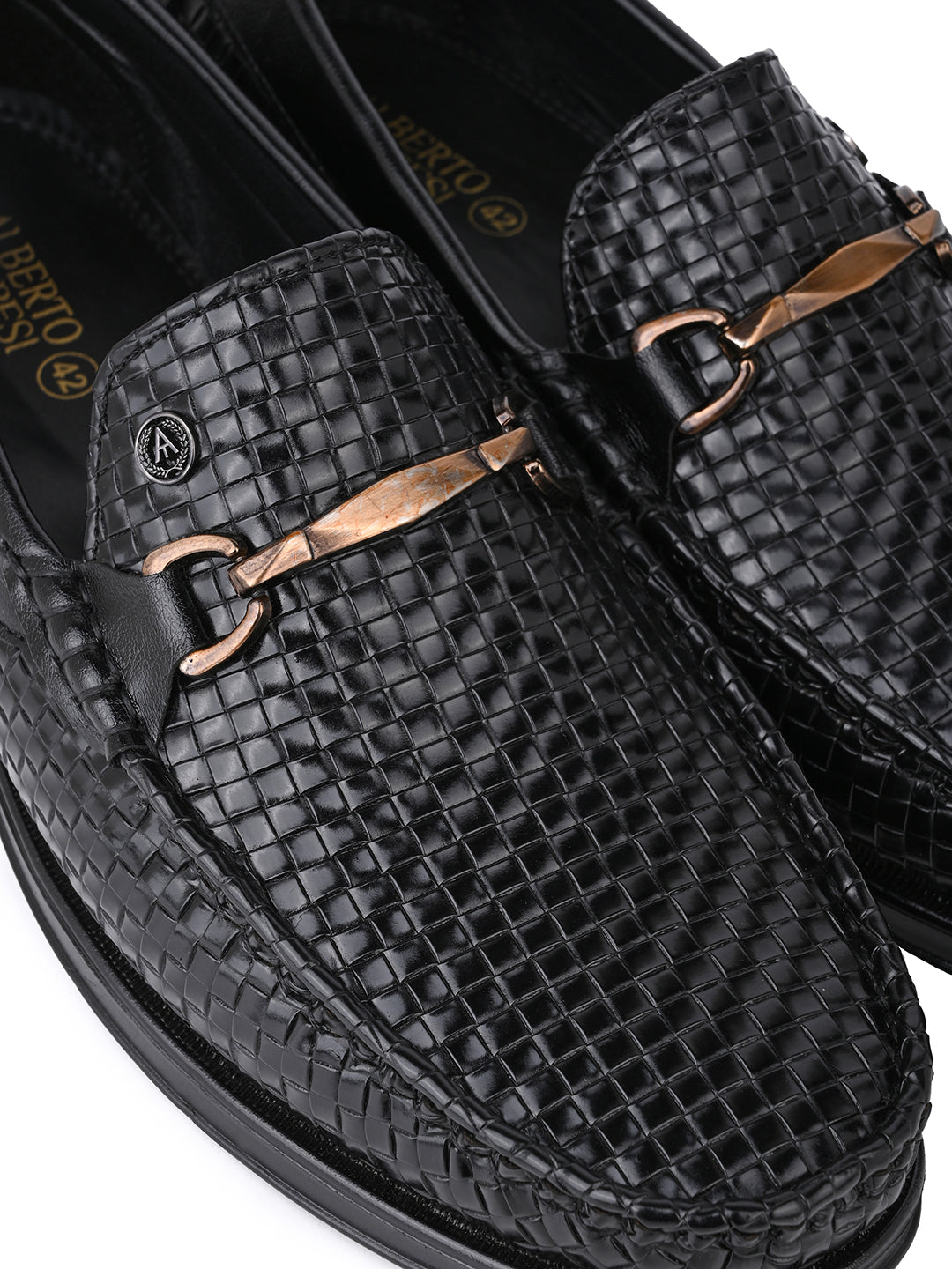Woven Pattern Black Faux Leather Slip-On Loafers with Metallic Trim