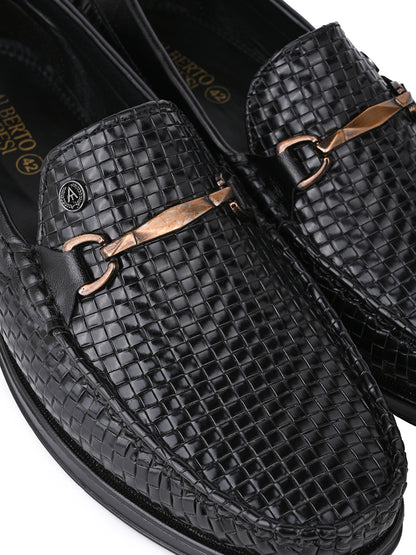 Woven Pattern Black Faux Leather Slip-On Loafers with Metallic Trim