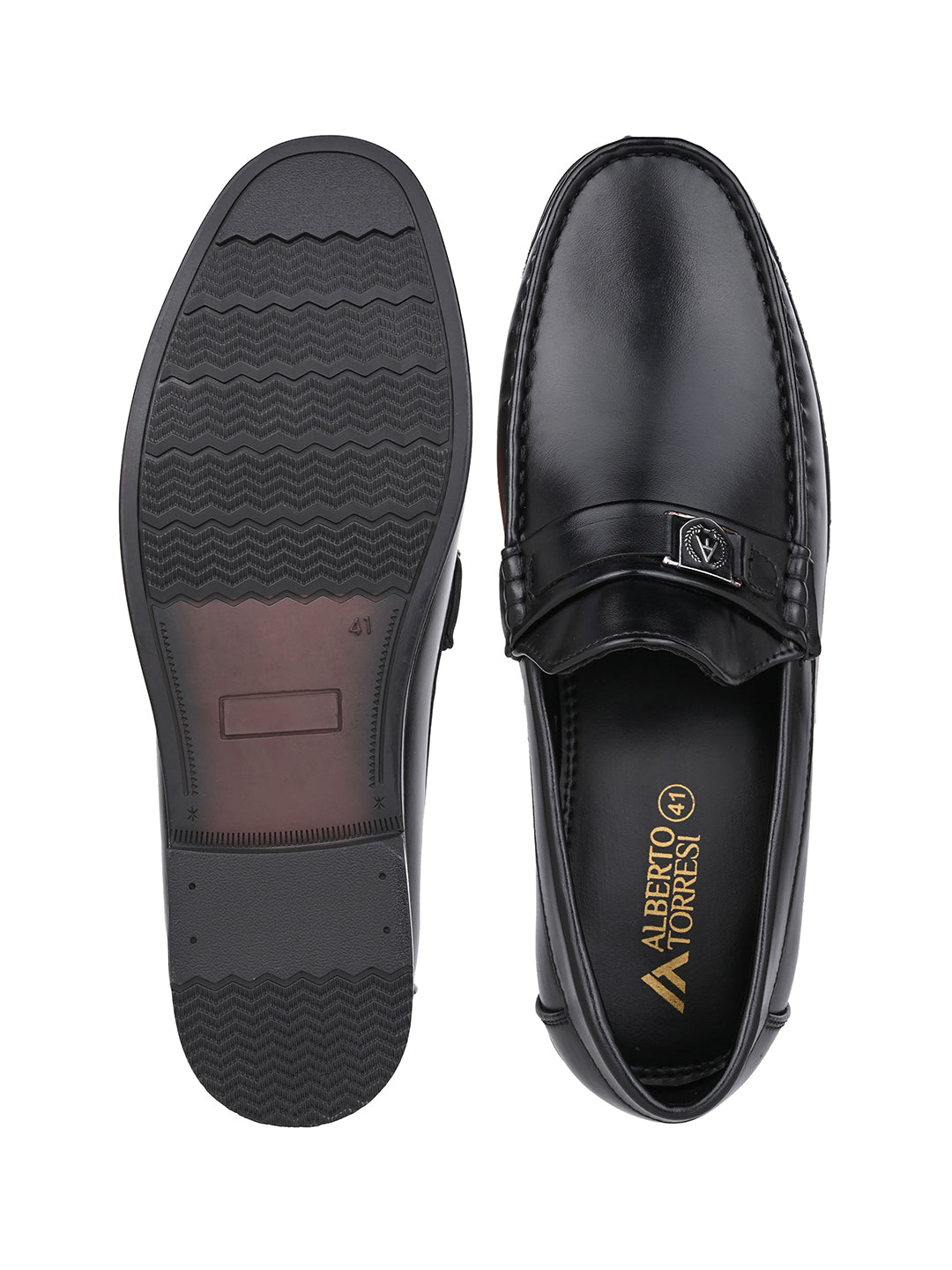 Men Smooth Black Finish Faux Leather Slip-On Loafers with Metallic Crest Detail
