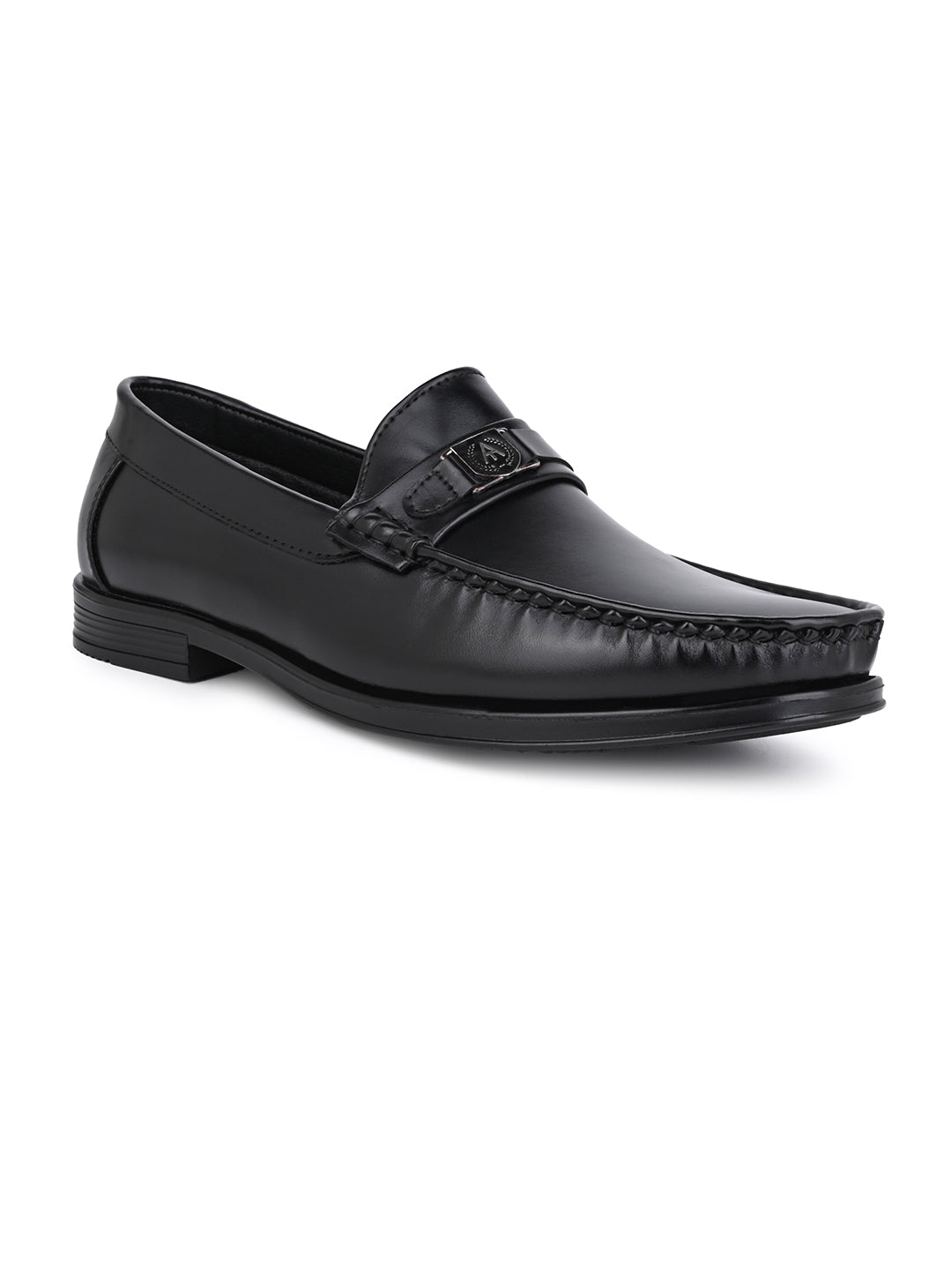 Men Smooth Black Finish Faux Leather Slip-On Loafers with Metallic Crest Detail