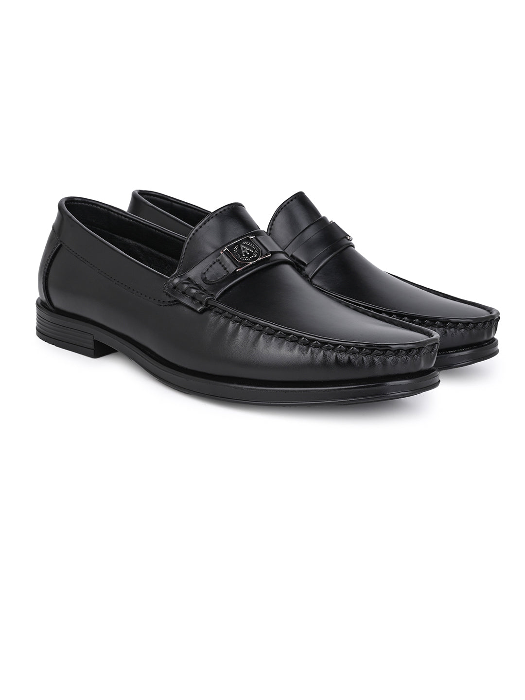 Men Smooth Black Finish Faux Leather Slip-On Loafers with Metallic Crest Detail