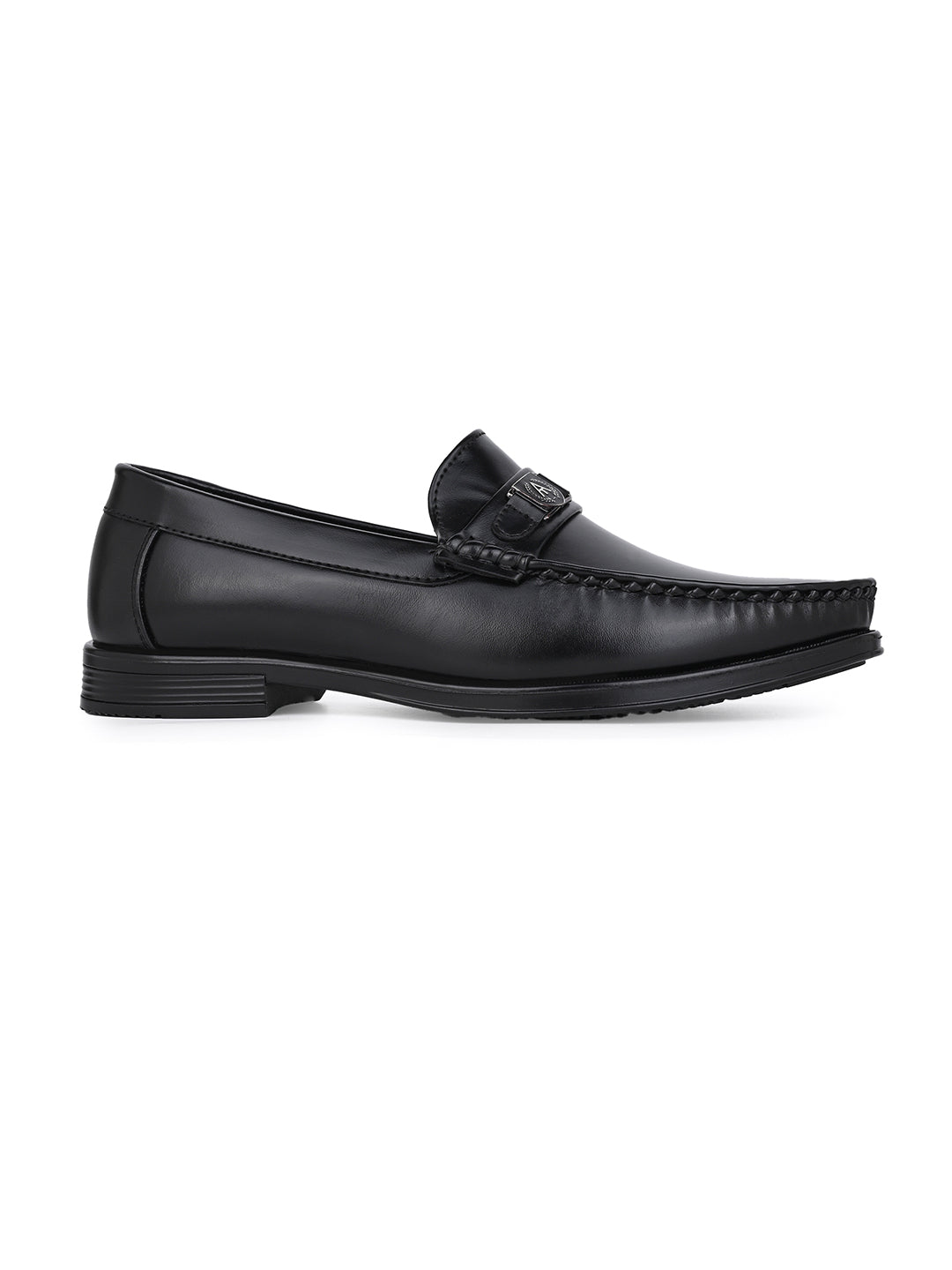Men Smooth Black Finish Faux Leather Slip-On Loafers with Metallic Crest Detail