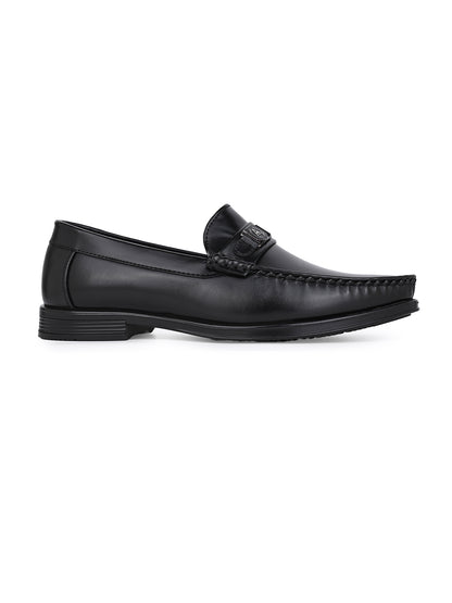 Men Smooth Black Finish Faux Leather Slip-On Loafers with Metallic Crest Detail