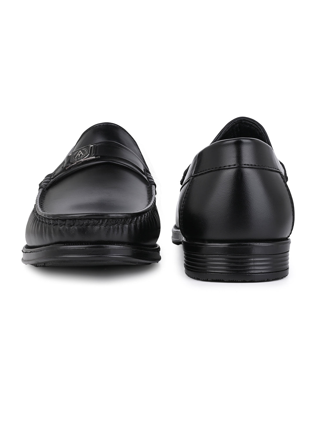 Men Smooth Black Finish Faux Leather Slip-On Loafers with Metallic Crest Detail