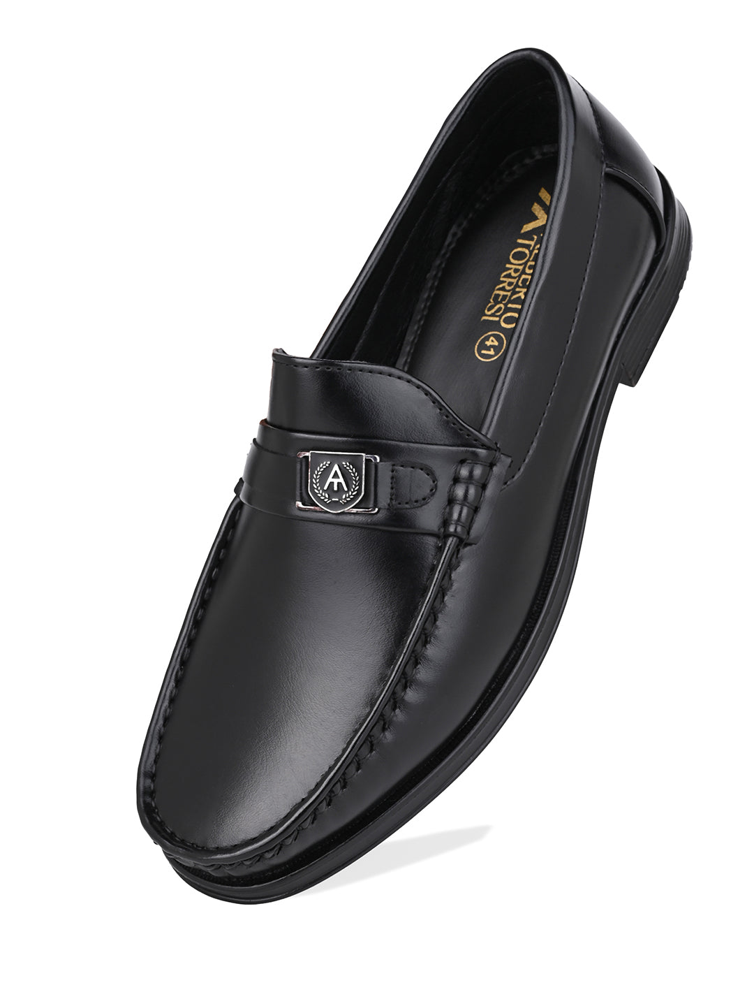 Men Smooth Black Finish Faux Leather Slip-On Loafers with Metallic Crest Detail
