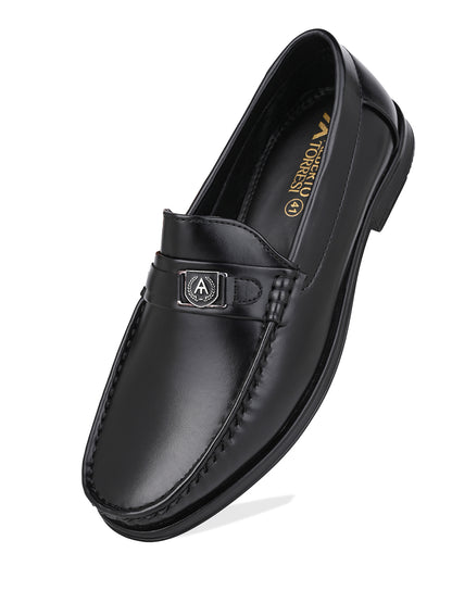 Men Smooth Black Finish Faux Leather Slip-On Loafers with Metallic Crest Detail