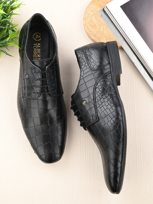 Genuine Leather Black Patterned Dress Lace up for Men Party Wear For Men