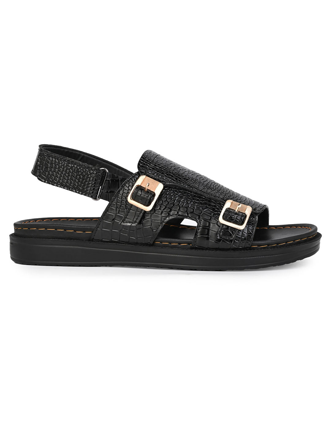 Men's Premium Black Crocodile Pattern Double Monk Strap Sandals